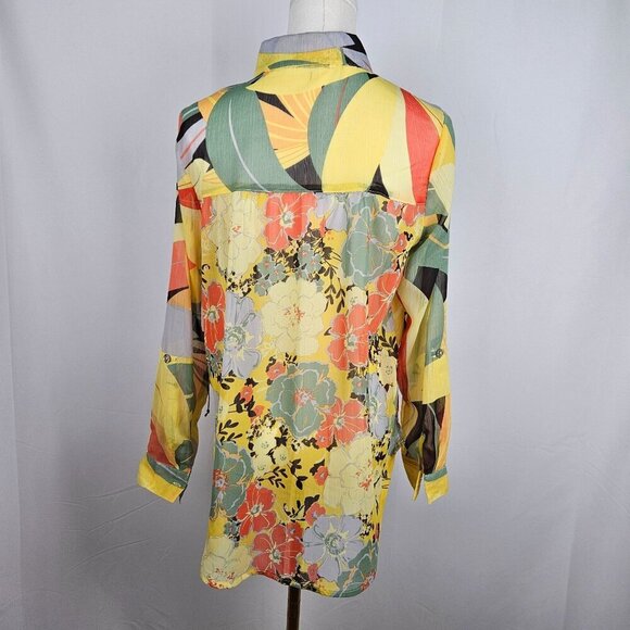 NEW Figueroa & Flower Shirt Petite Medium Sheer Tropical Floral Button Yellow - Picture 3 of 11